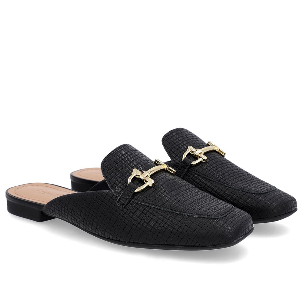 Mule Preto Bico Quadrado Couro Salto Rasteiro Preto 2