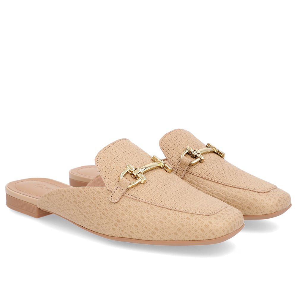 Mule Bege Bico Quadrado Couro Salto Rasteiro Bege 2