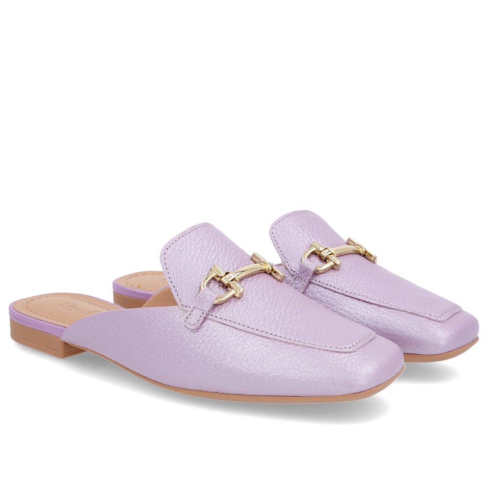 Mule Lilás Perolado Bico Quadrado Couro Salto Rasteiro Roxo 2