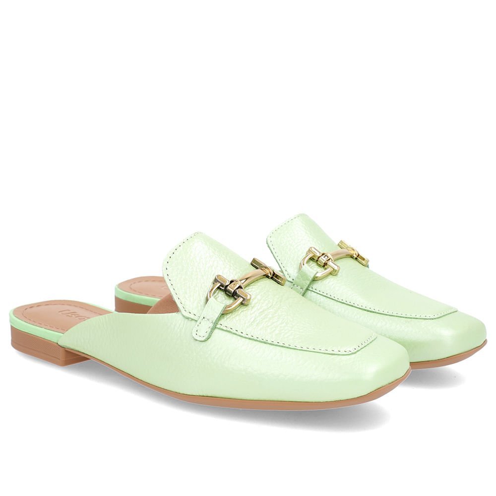 Mule Verde Perolado Bico Quadrado Couro Salto Rasteiro Verde 2