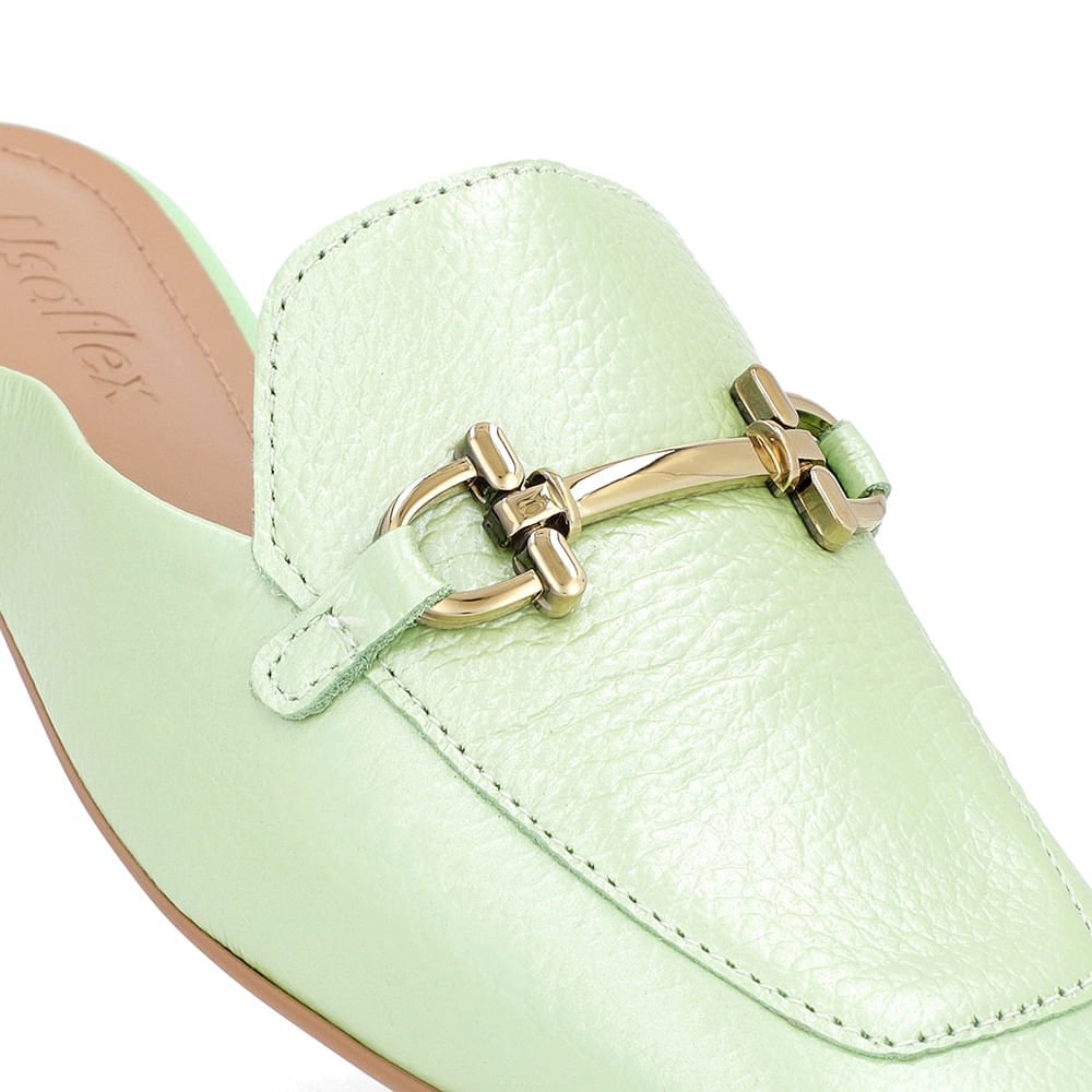Mule Verde Perolado Bico Quadrado Couro Salto Rasteiro Verde 4