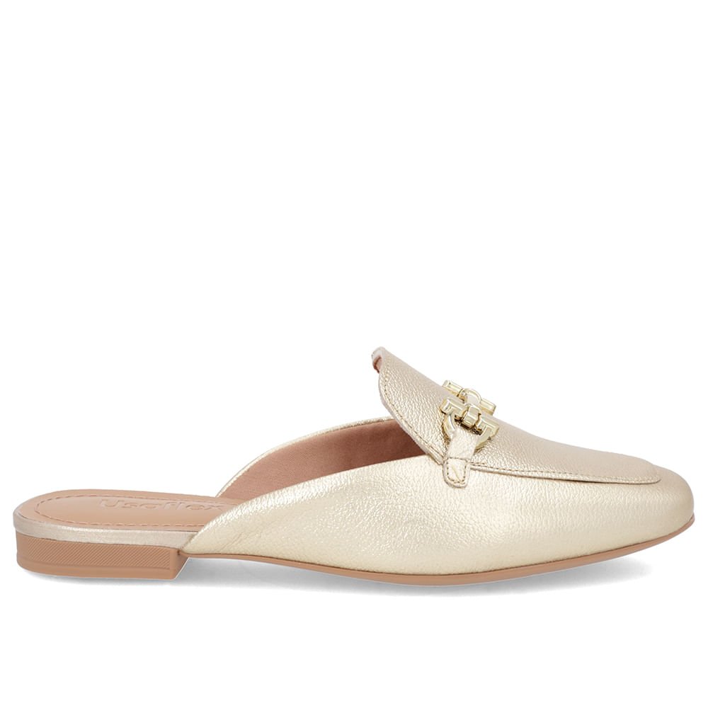 Mule Dourado Bico Quadrado Couro Salto Rasteiro