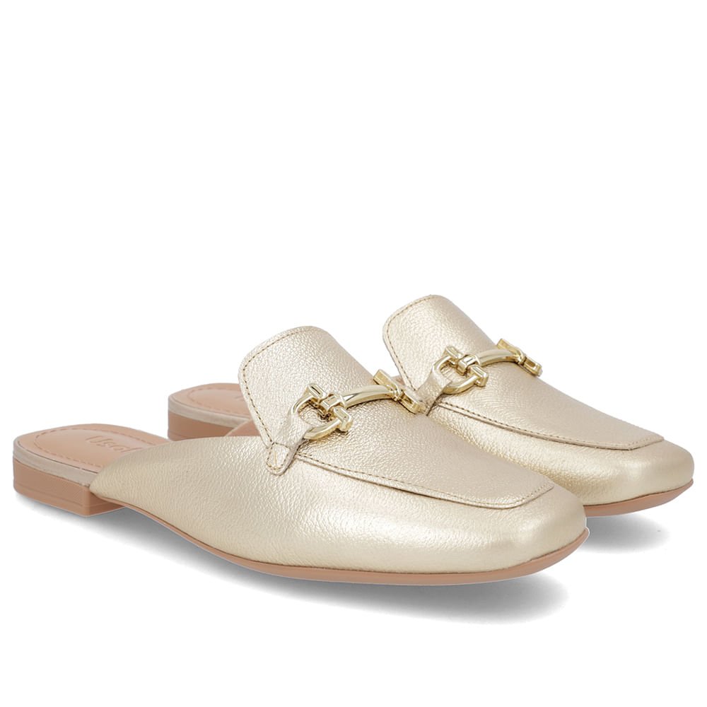 Mule Dourado Bico Quadrado Couro Salto Rasteiro Dourado 2