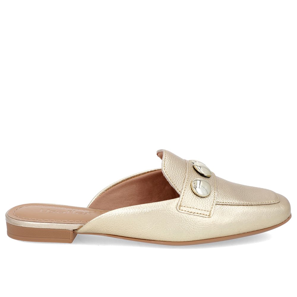 Mule Dourado Couro Salto Rasteiro