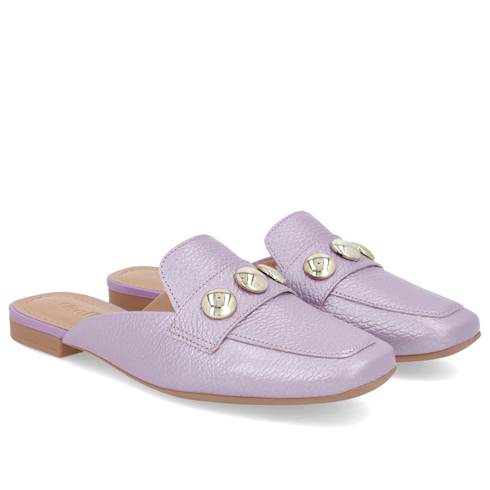 Mule Lilás Perolado Couro Salto Rasteiro Roxo 2