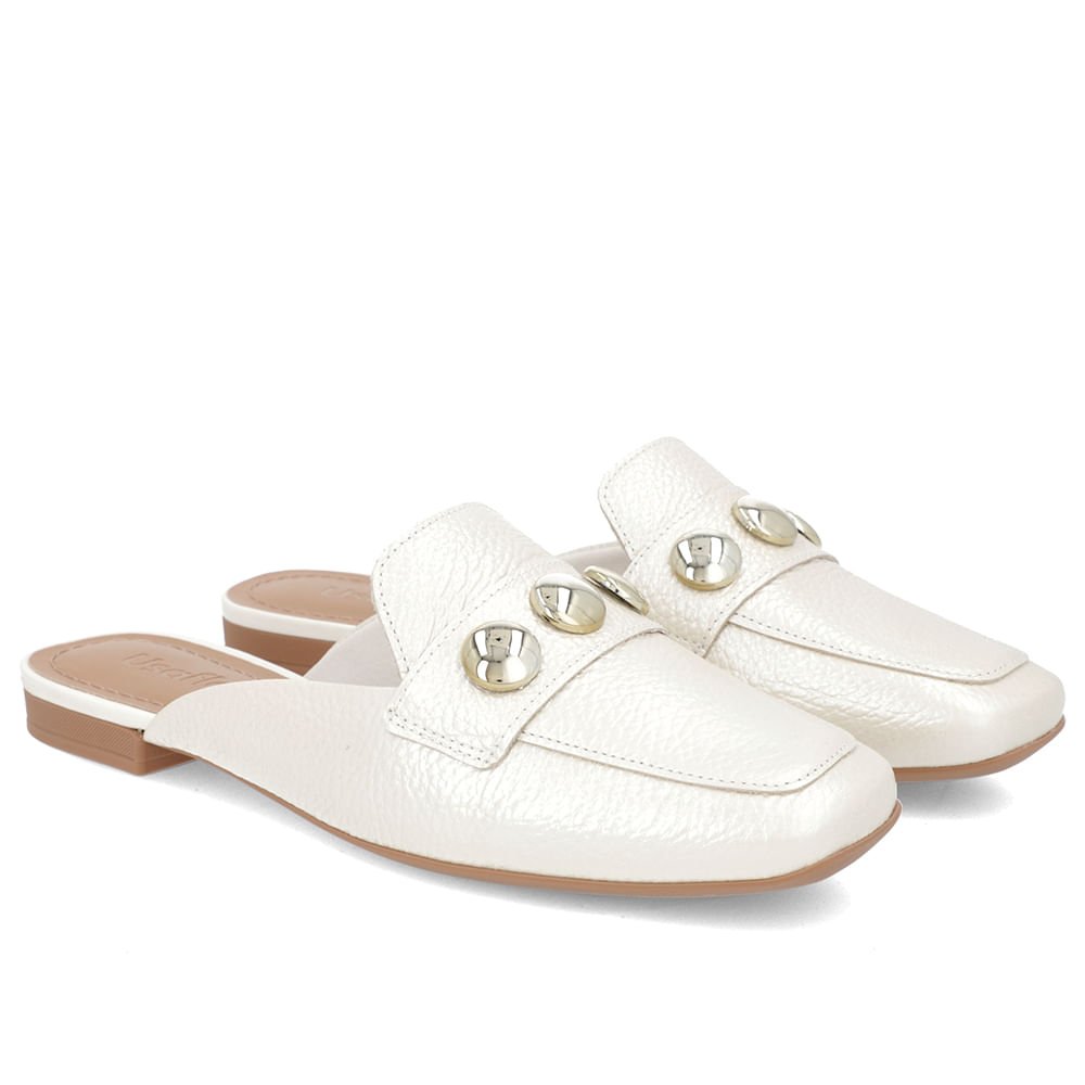 Mule Off-White Perolado Couro Salto Rasteiro Branco 2