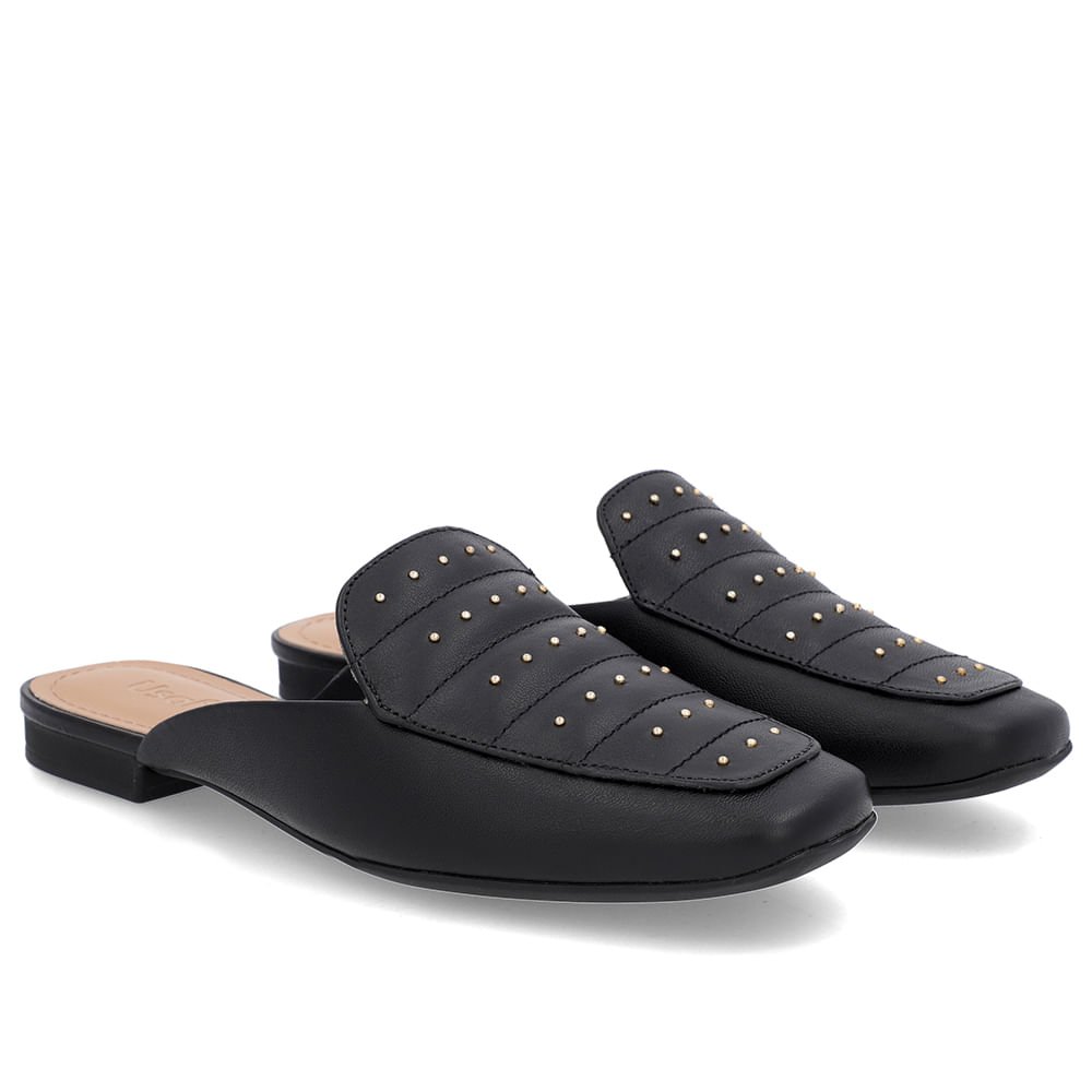 Mule Preto Couro Salto Baixo Costura Enfeite Preto 2