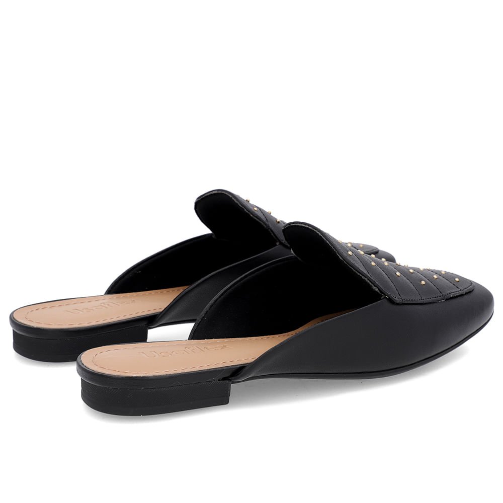 Mule Preto Couro Salto Baixo Costura Enfeite Preto 3