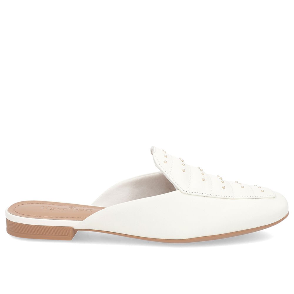 Mule Off-White Couro Salto Baixo Costura Enfeite