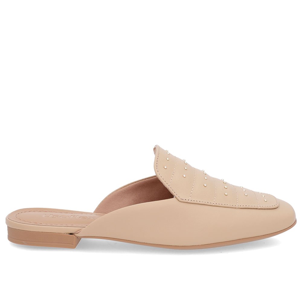 Mule Bege Couro Salto Baixo Costura Enfeite