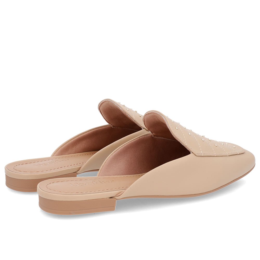 Mule Bege Couro Salto Baixo Costura Enfeite Bege 3