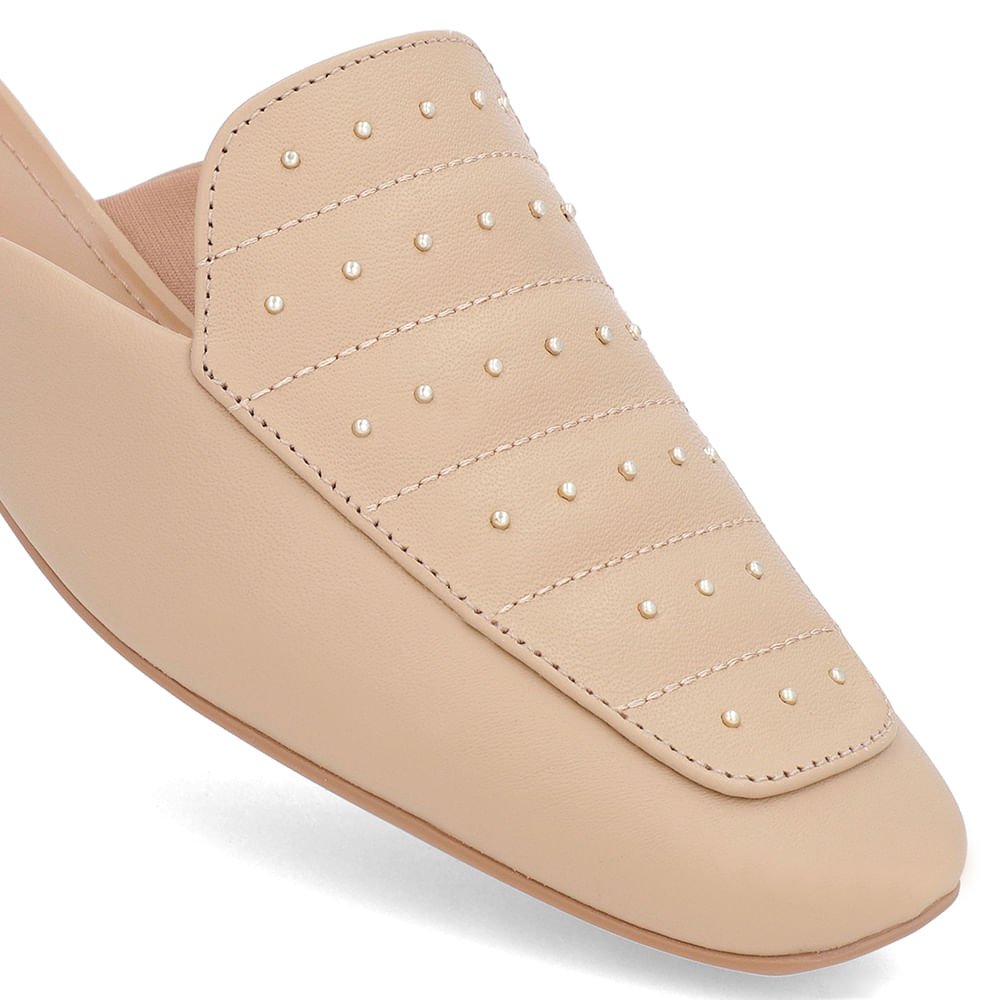 Mule Bege Couro Salto Baixo Costura Enfeite Bege 4