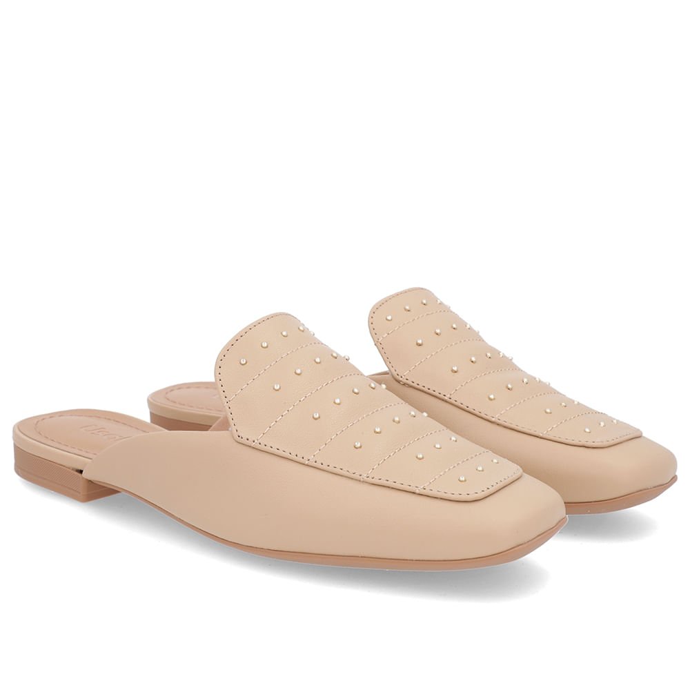 Mule Bege Couro Salto Baixo Costura Enfeite Bege 2