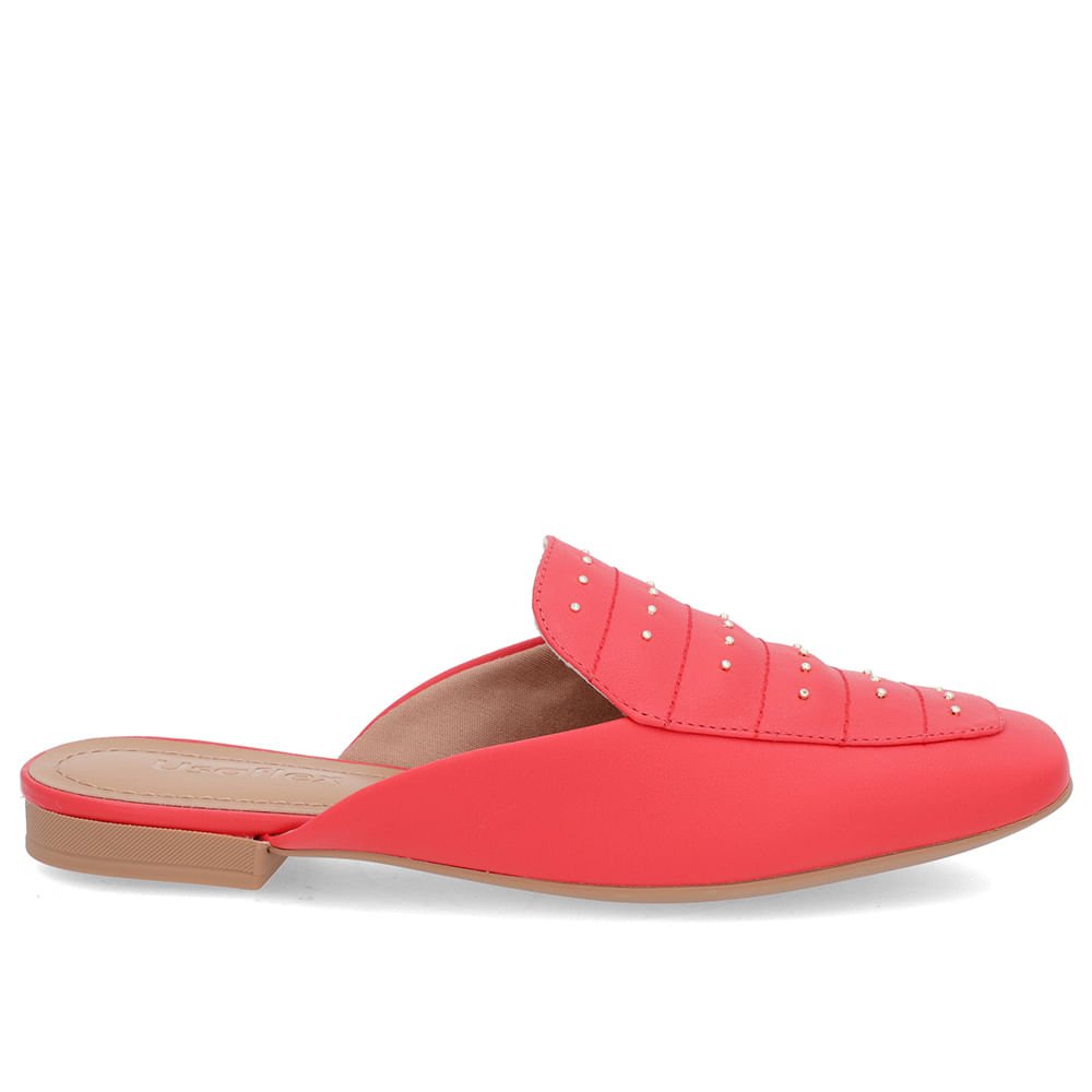 Mule Vermelho Couro Salto Baixo Costura Enfeite