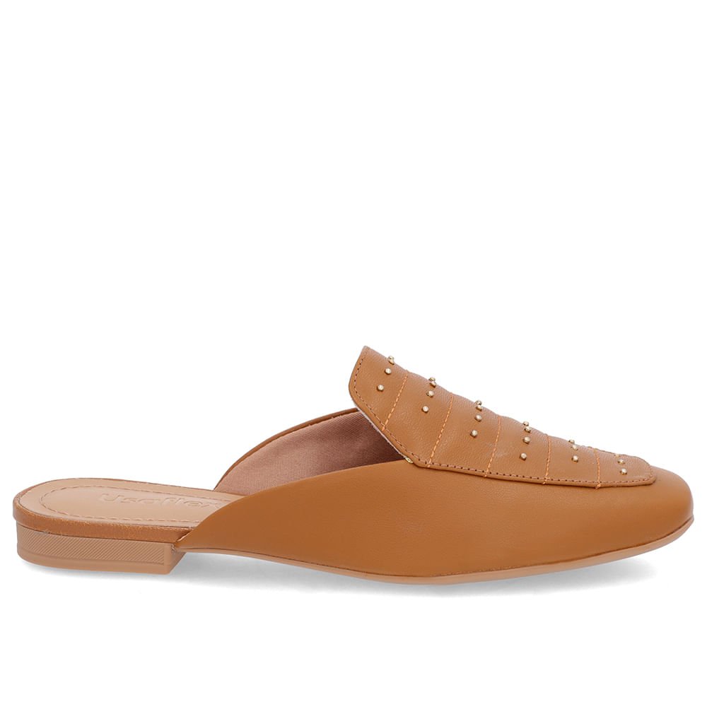 Mule Marrom Couro Salto Baixo Costura Enfeite