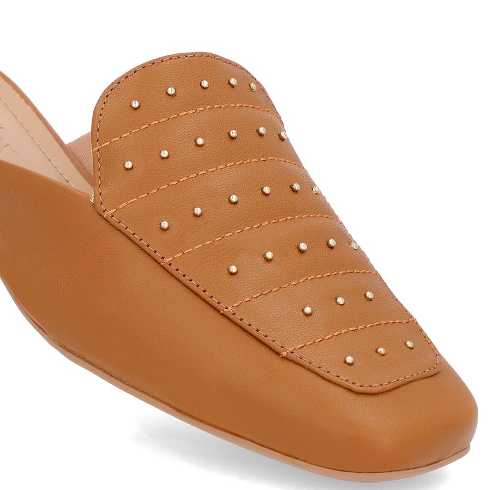 Mule Marrom Couro Salto Baixo Costura Enfeite Marrom 4