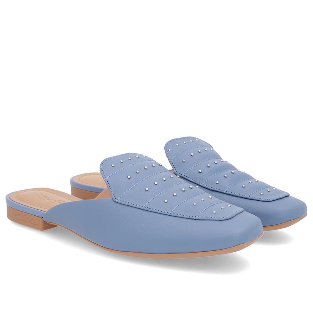 Mule Azul Couro Salto Baixo Costura Enfeite Azul 2