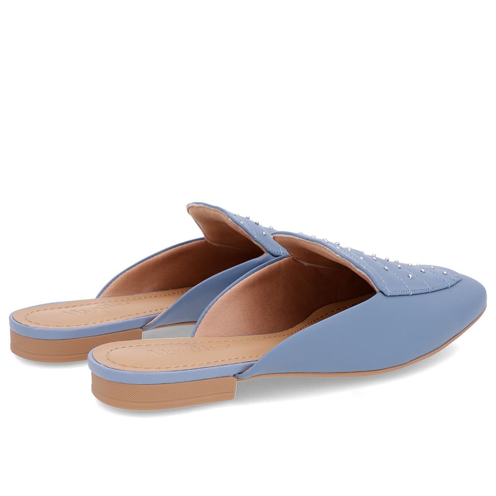 Mule Azul Couro Salto Baixo Costura Enfeite Azul 3