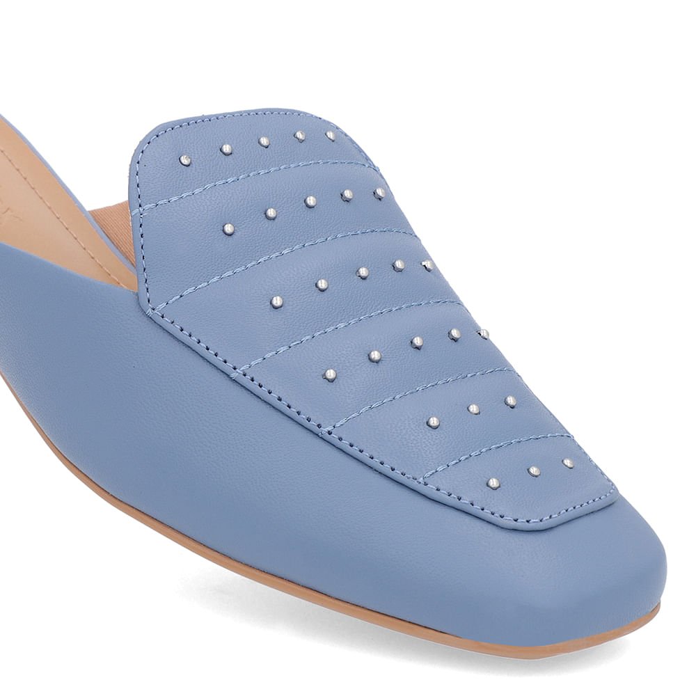 Mule Azul Couro Salto Baixo Costura Enfeite Azul 4