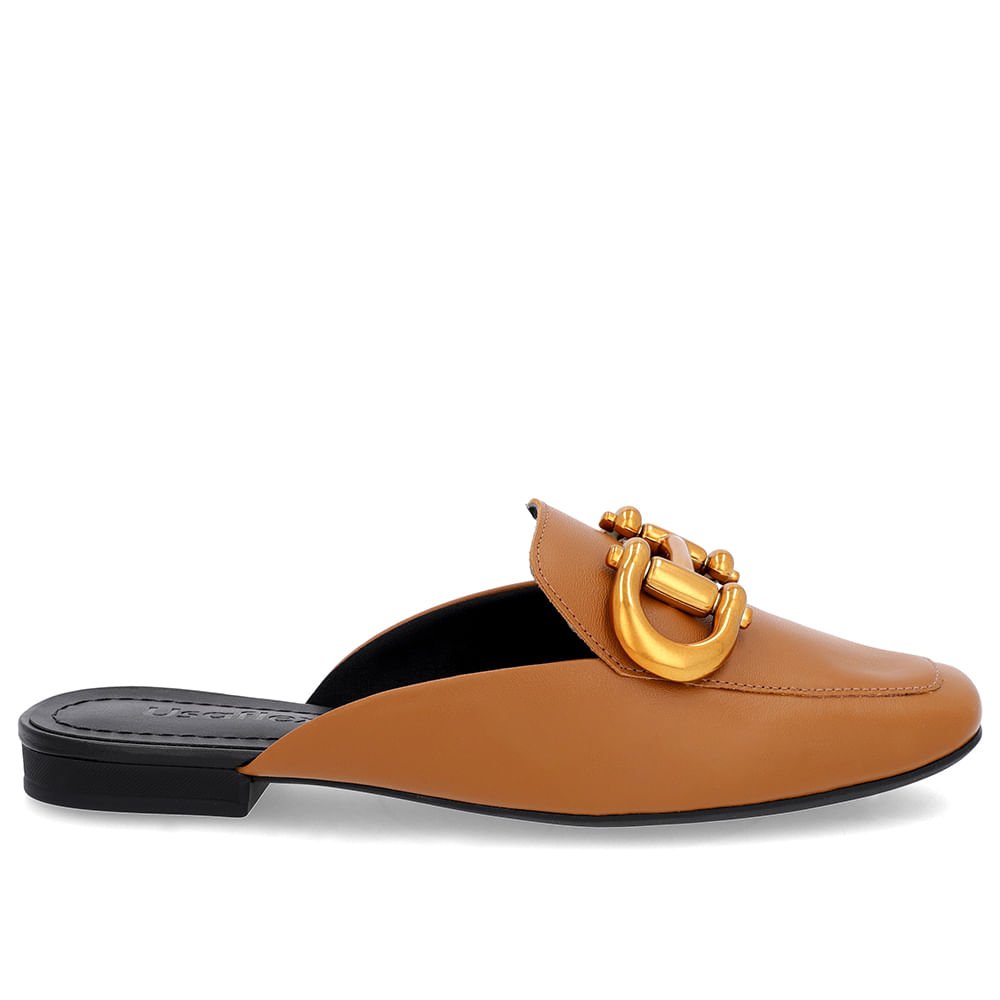 Mule Marrom Bico Quadrado Couro Enfeite Fosco