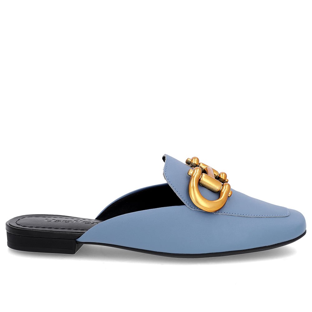 Mule Azul Bico Quadrado Couro Enfeite Fosco Azul 1