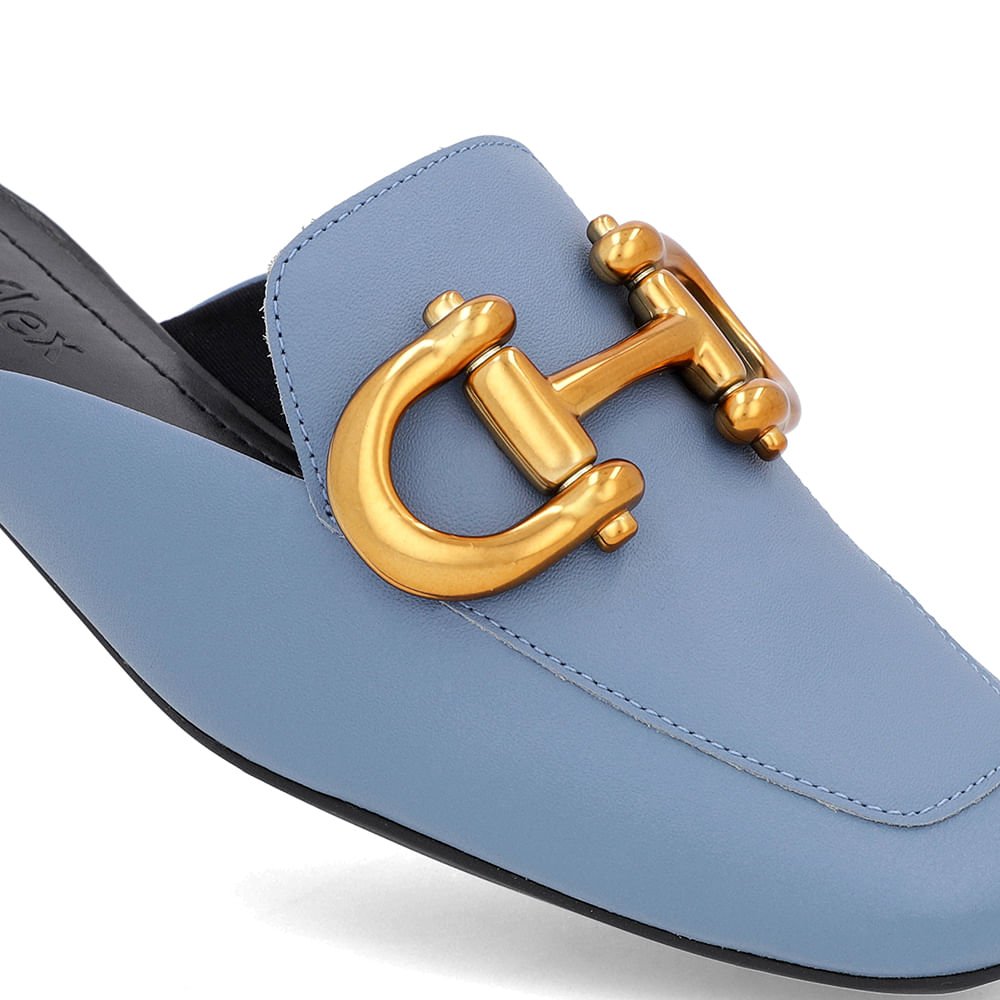 Mule Azul Bico Quadrado Couro Enfeite Fosco Azul 4