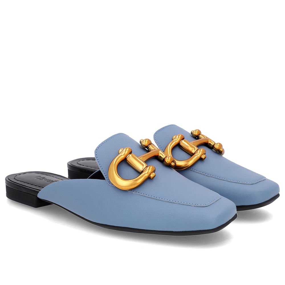 Mule Azul Bico Quadrado Couro Enfeite Fosco Azul 2