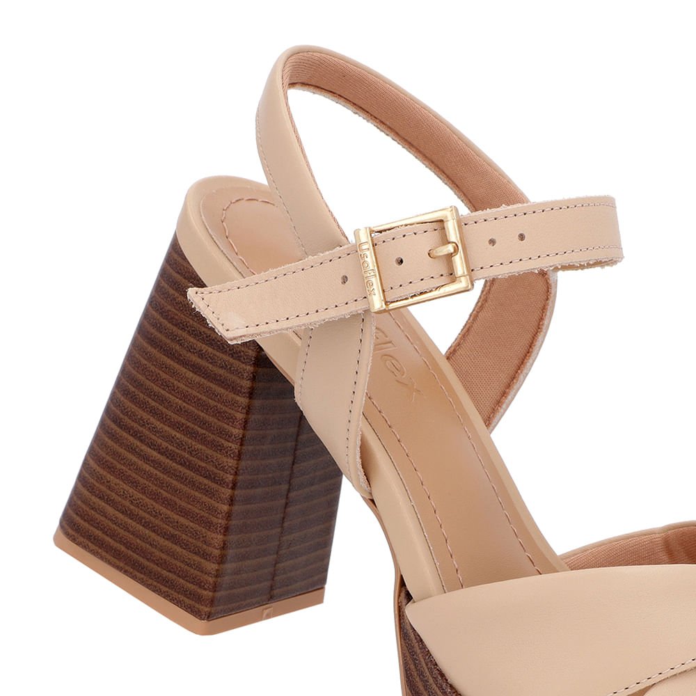 Sandália Salto Bloco Amadeirado Couro Bege Bege 4