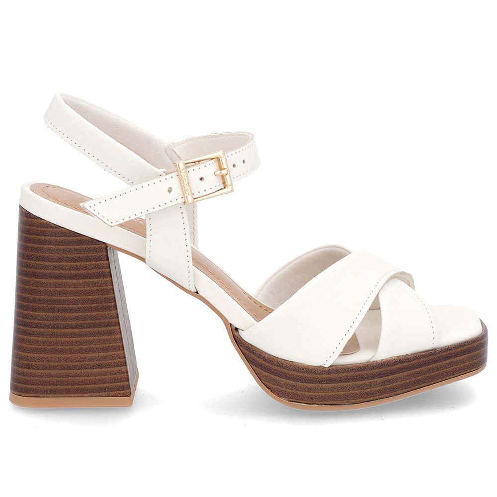 Sandália Salto Bloco Amadeirado Couro Off-White Branco 1