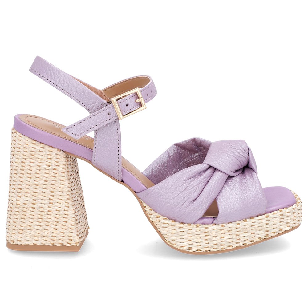 Sandália Salto Bloco Palha Couro Lilás Perolado Roxo 1