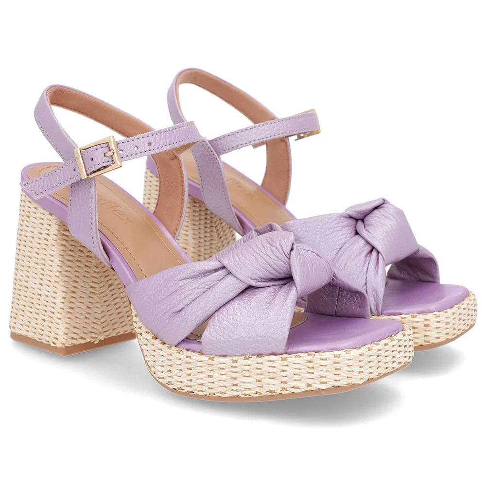 Sandália Salto Bloco Palha Couro Lilás Perolado Roxo 2