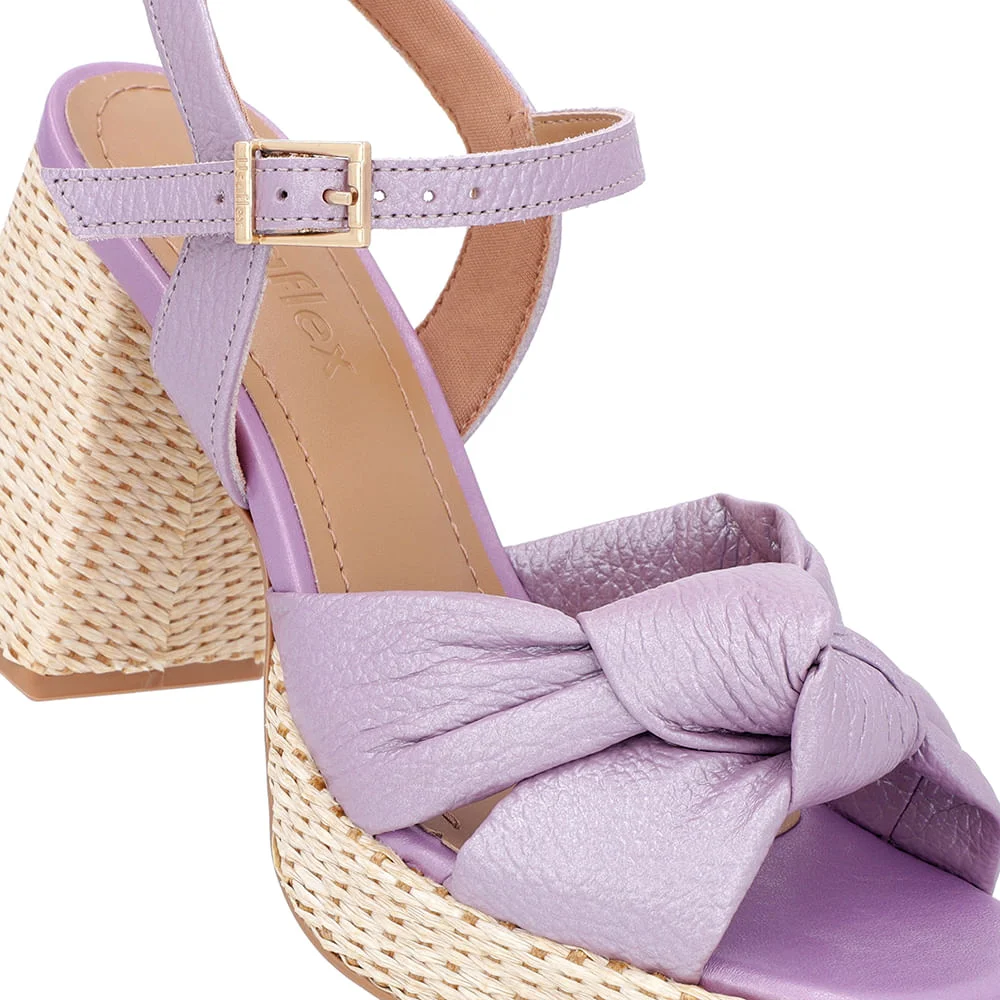 Sandália Salto Bloco Palha Couro Lilás Perolado Roxo 4