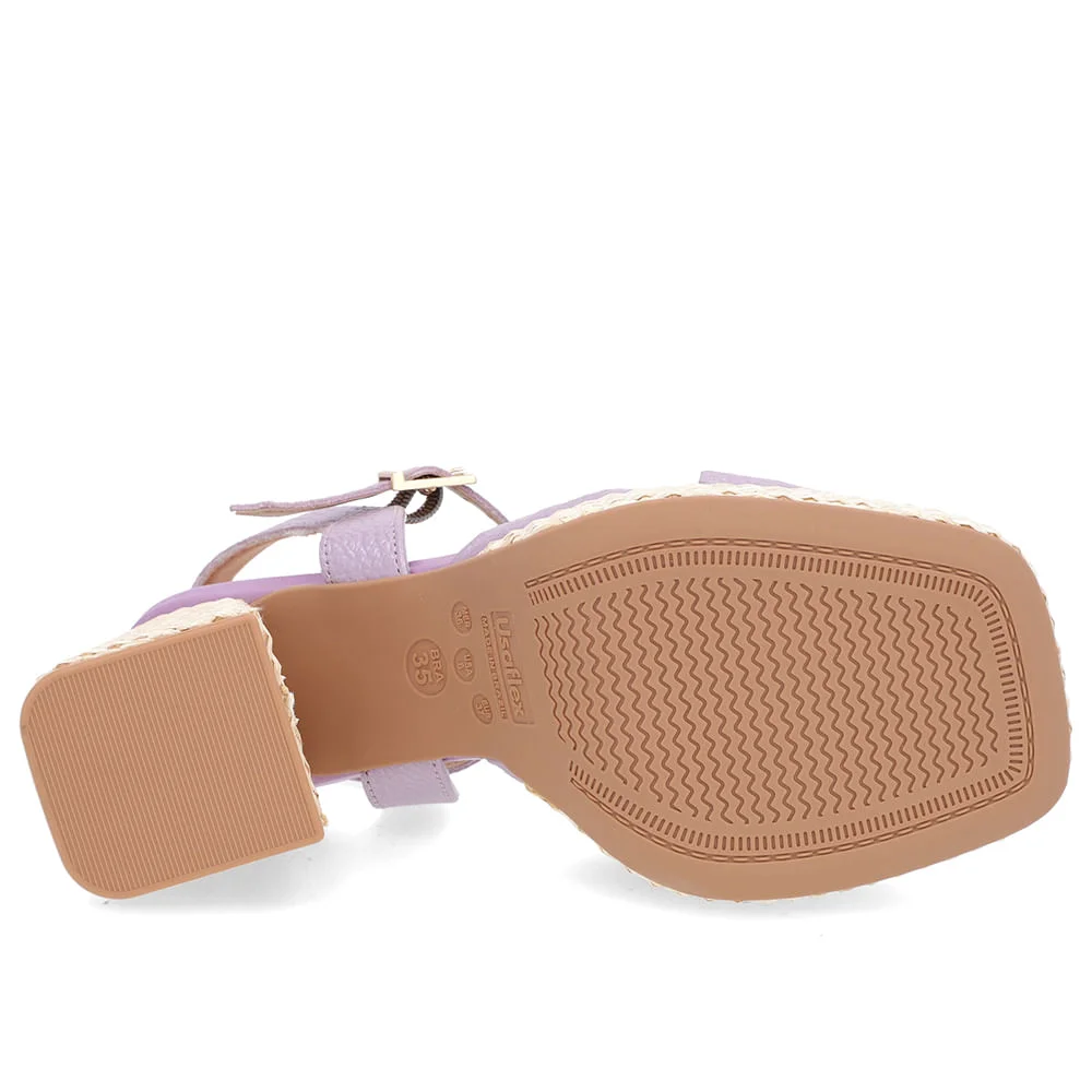 Sandália Salto Bloco Palha Couro Lilás Perolado Roxo 5