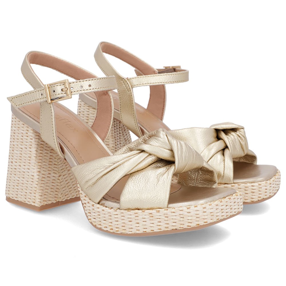 Sandália Salto Bloco Palha Couro Dourado Dourado 2