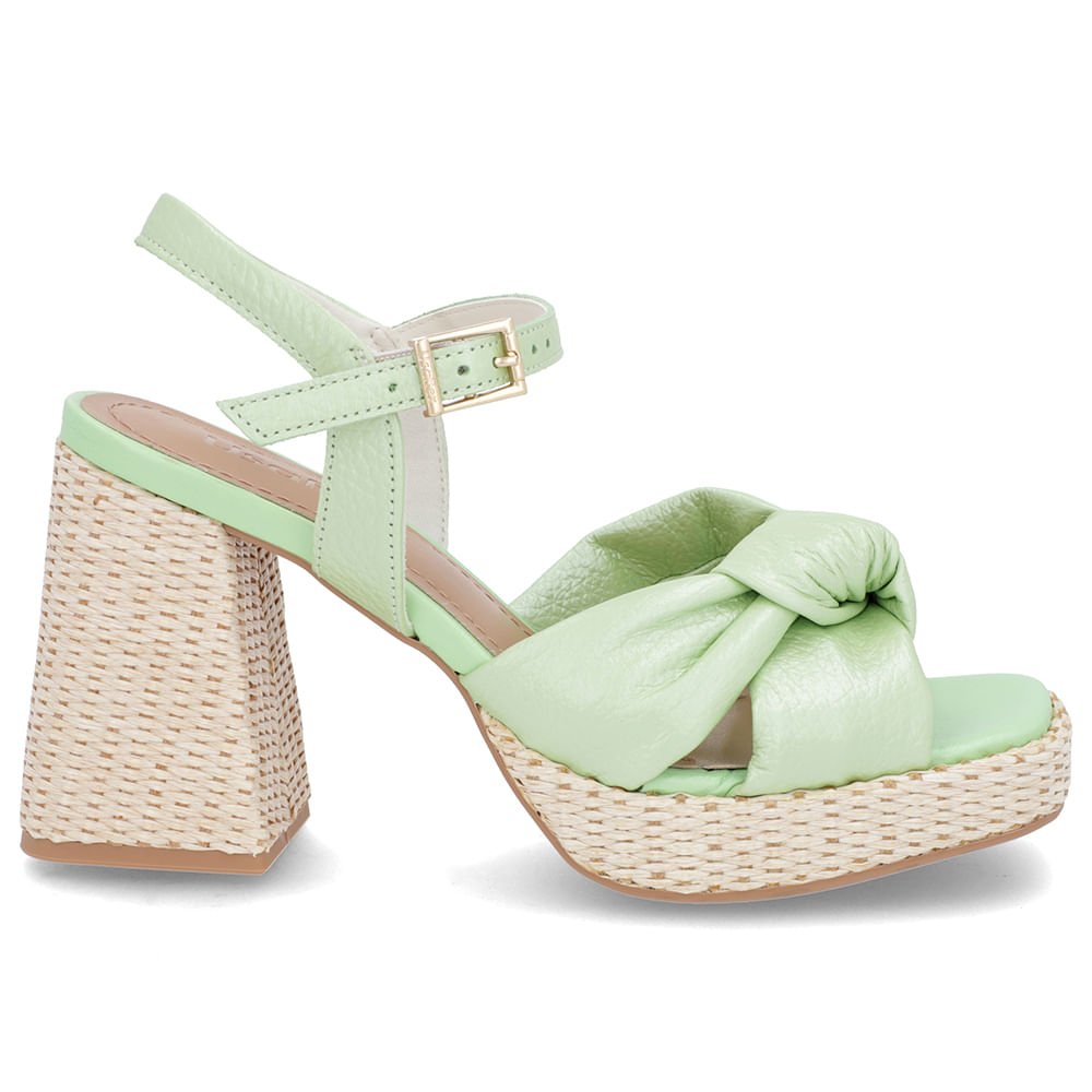 Sandália Salto Bloco Palha Couro Verde Perolado