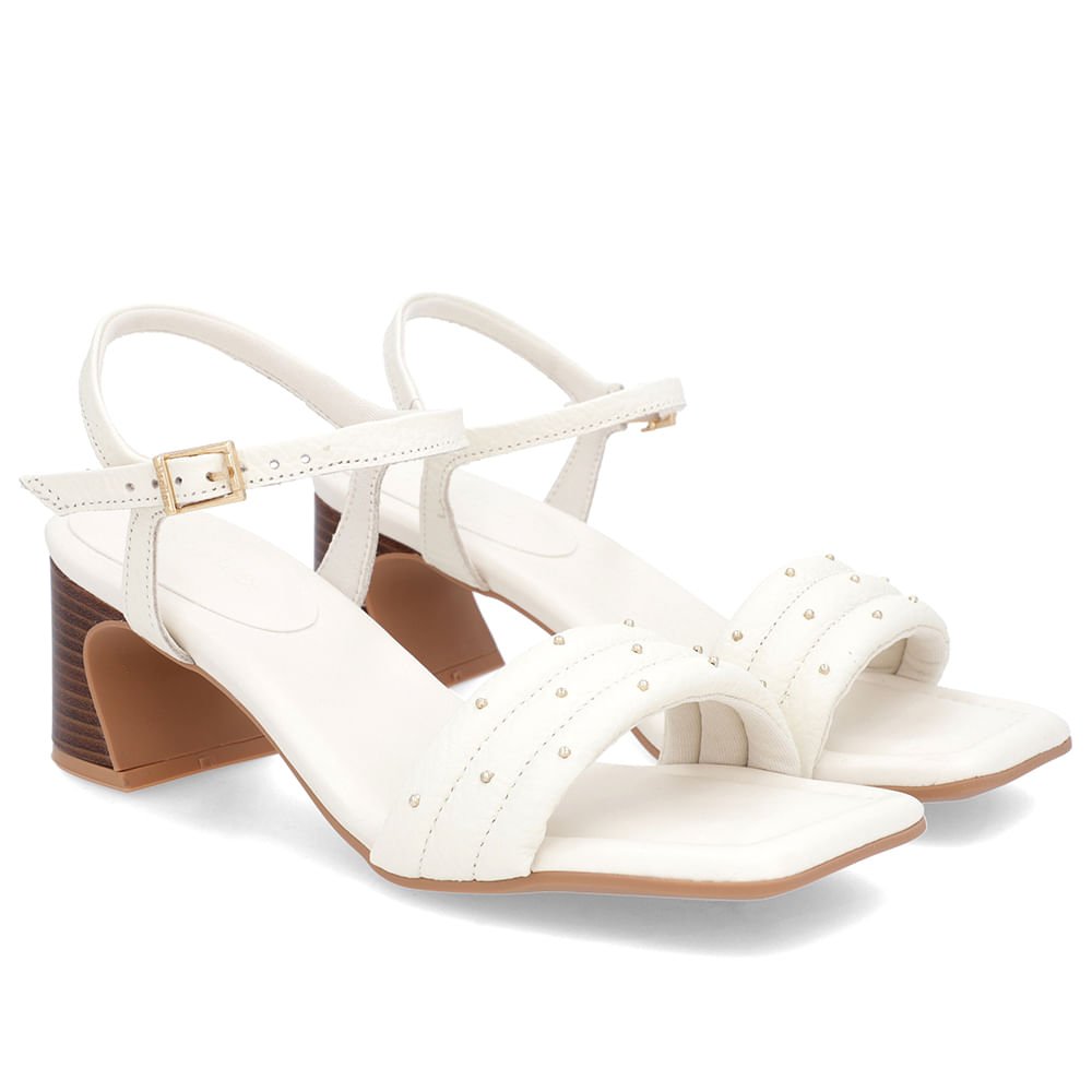 Sandália Salto Amadeirado Couro Off-White Rebite Branco 2