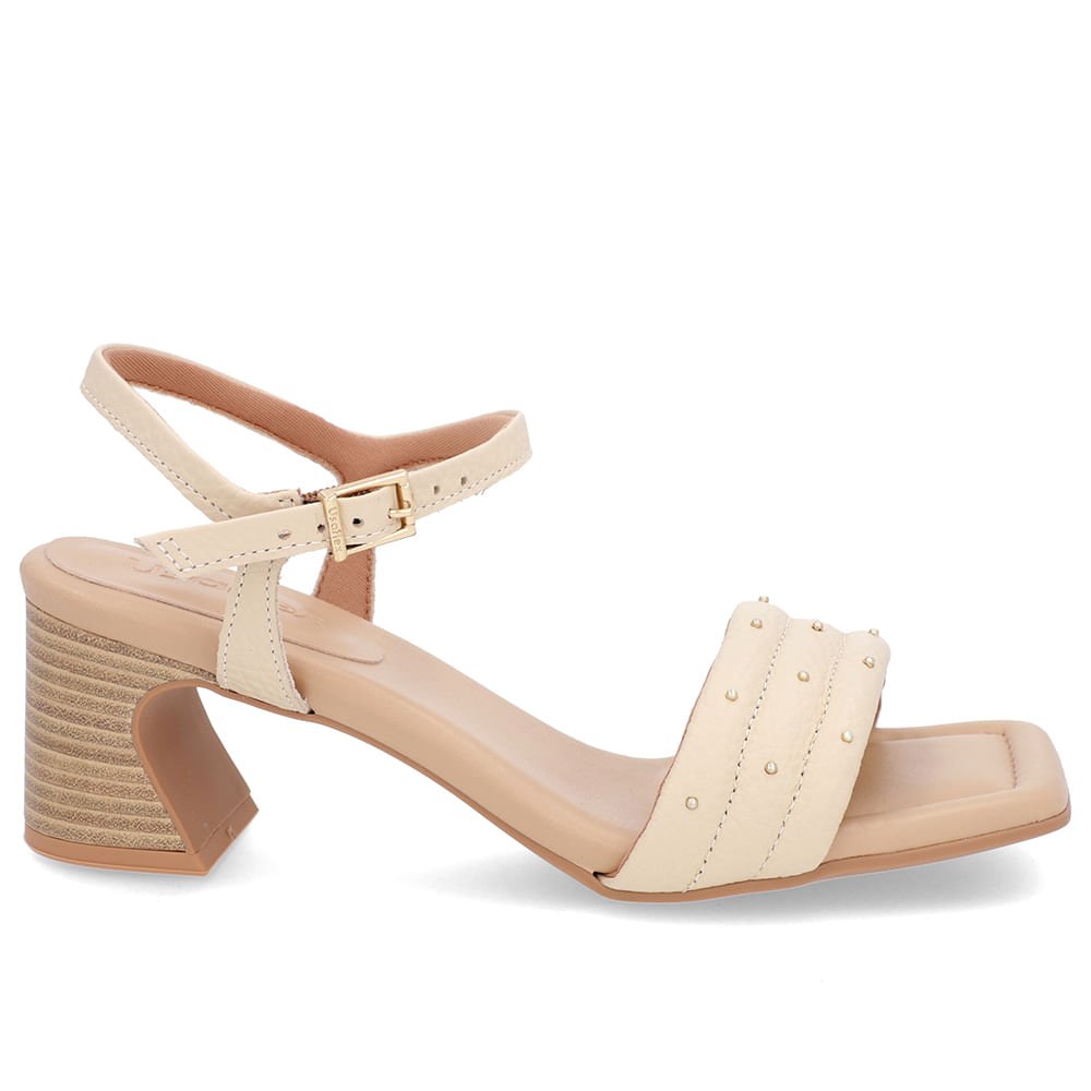 Sandália Salto Amadeirado Couro Bege Rebite