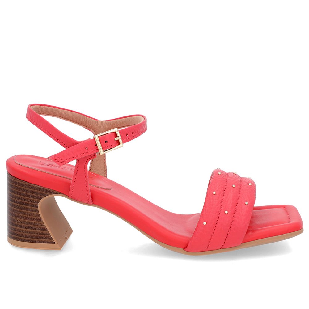 Sandália Salto Amadeirado Couro Vermelha Rebite