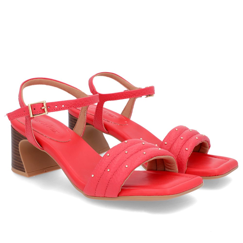 Sandália Salto Amadeirado Couro Vermelha Rebite Vermelho 2