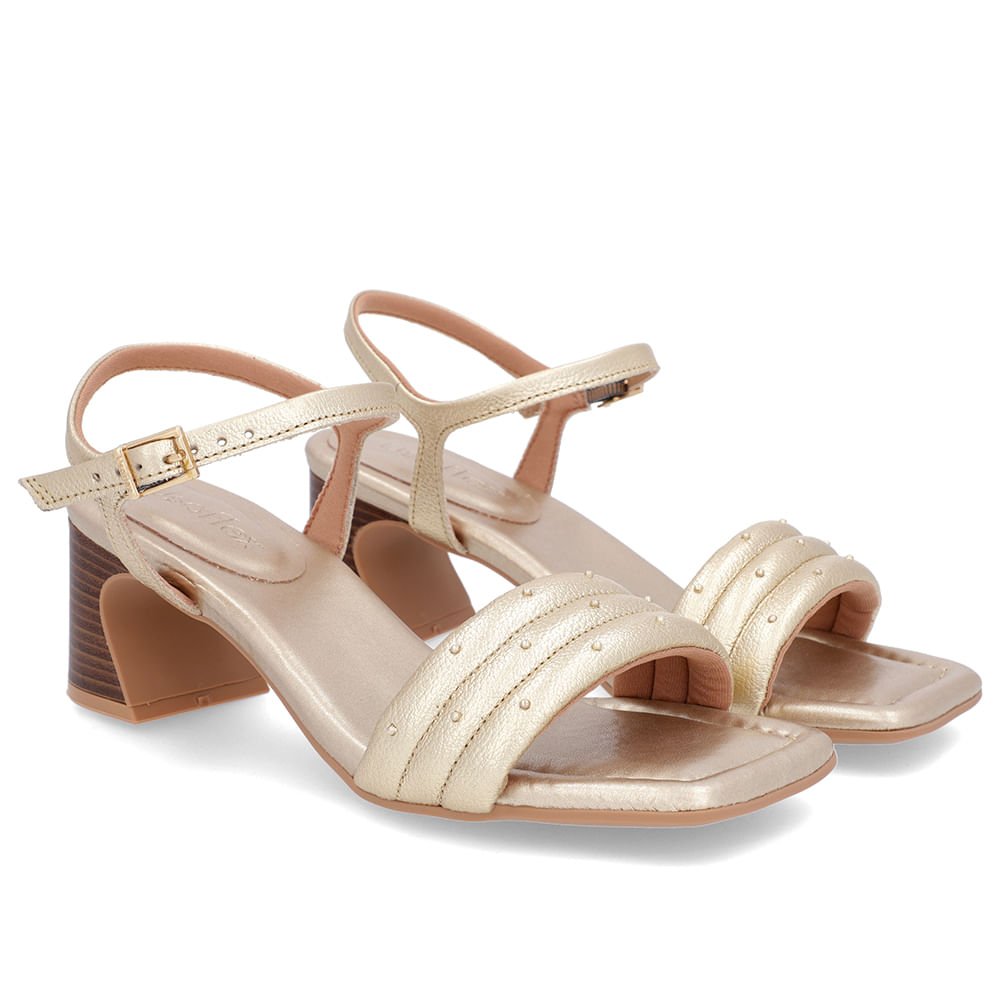 Sandália Salto Amadeirado Couro Dourada Rebite Dourado 2