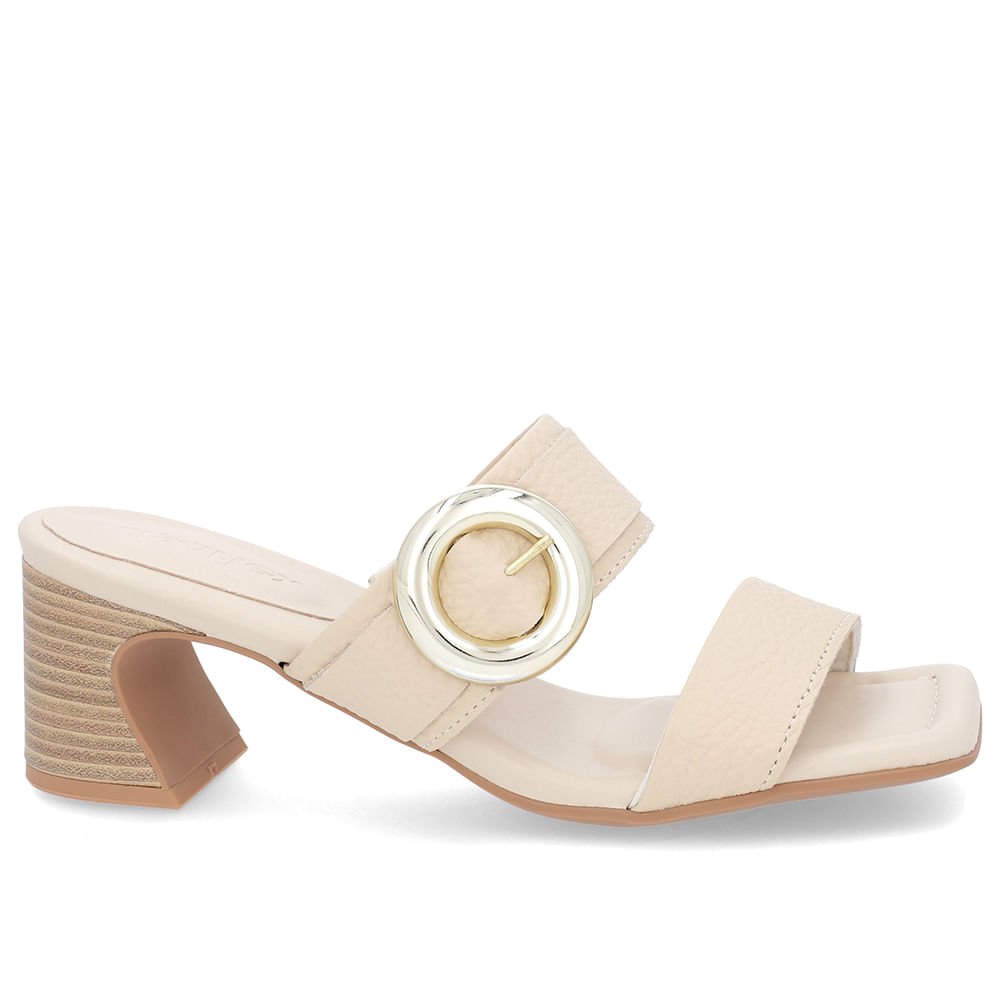 Tamanco Salto Amadeirado Couro Bege Maxi Enfeite