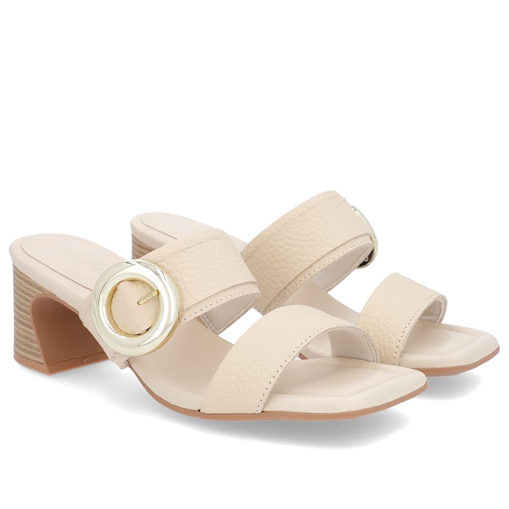 Tamanco Salto Amadeirado Couro Bege Maxi Enfeite Bege 2