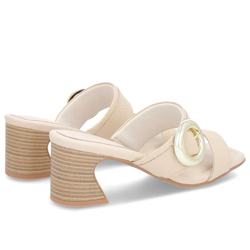 Tamanco Salto Amadeirado Couro Bege Maxi Enfeite Bege 3