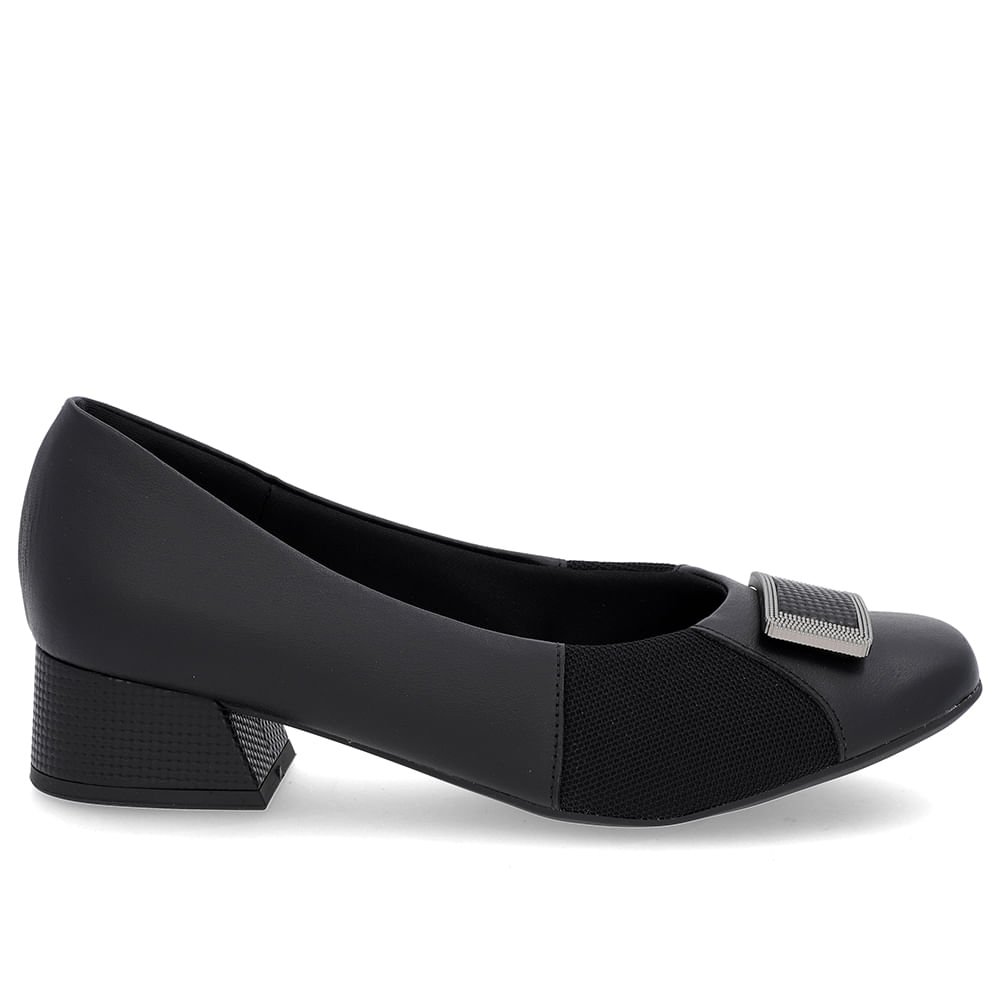 Scarpin Preto Salto Bloco Couro Lateral Tecido