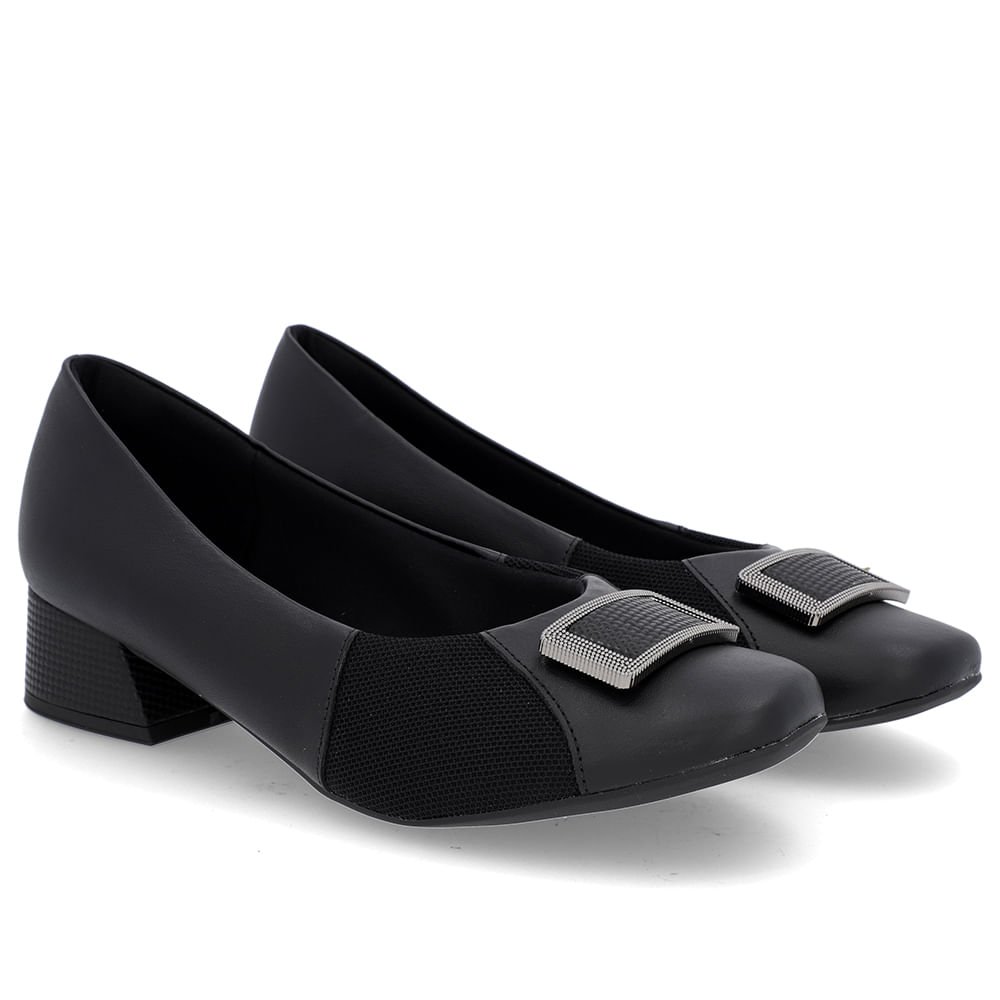 Scarpin Preto Salto Bloco Couro Lateral Tecido Preto 2
