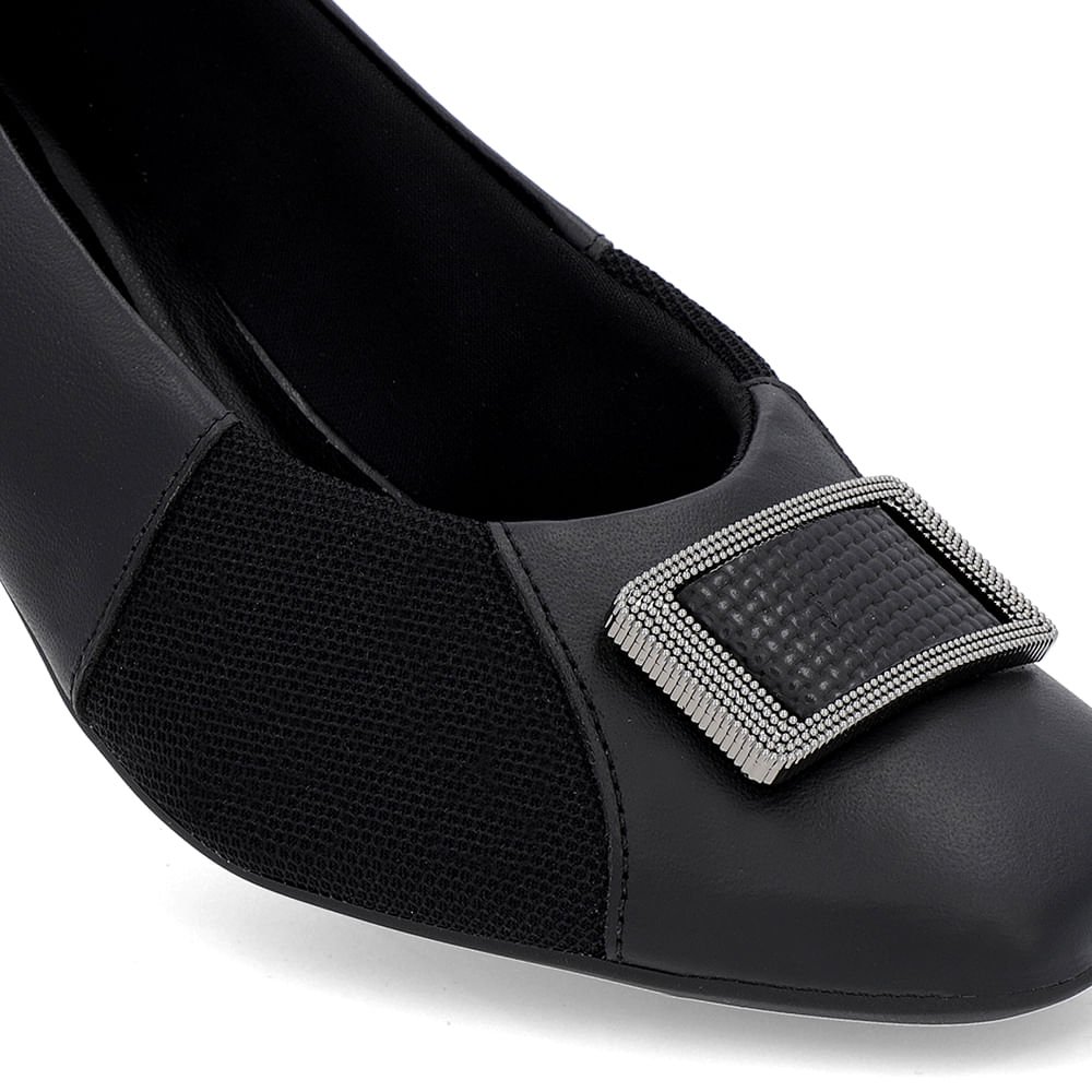 Scarpin Preto Salto Bloco Couro Lateral Tecido Preto 4