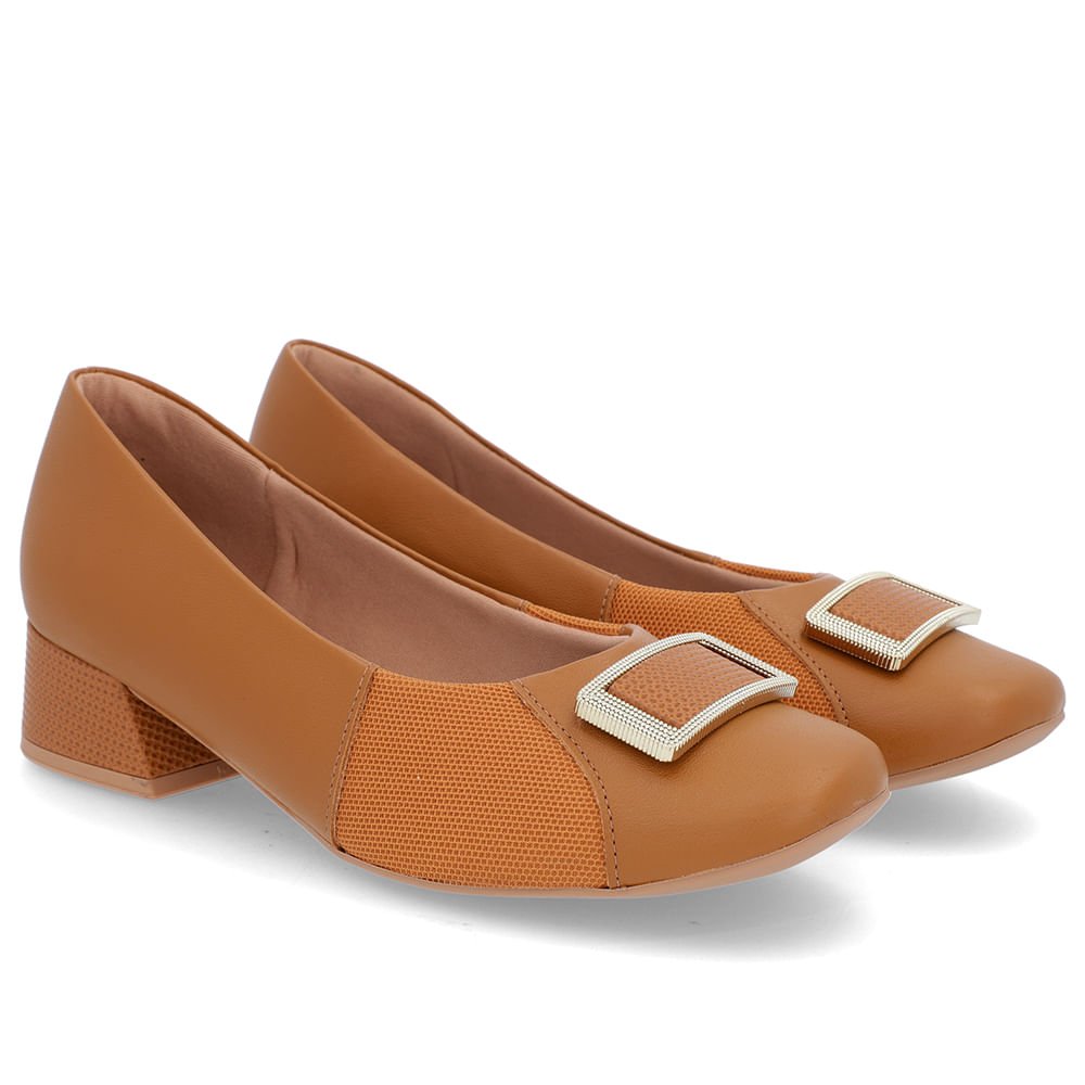 Scarpin Marrom Salto Bloco Couro Lateral Tecido Marrom 2