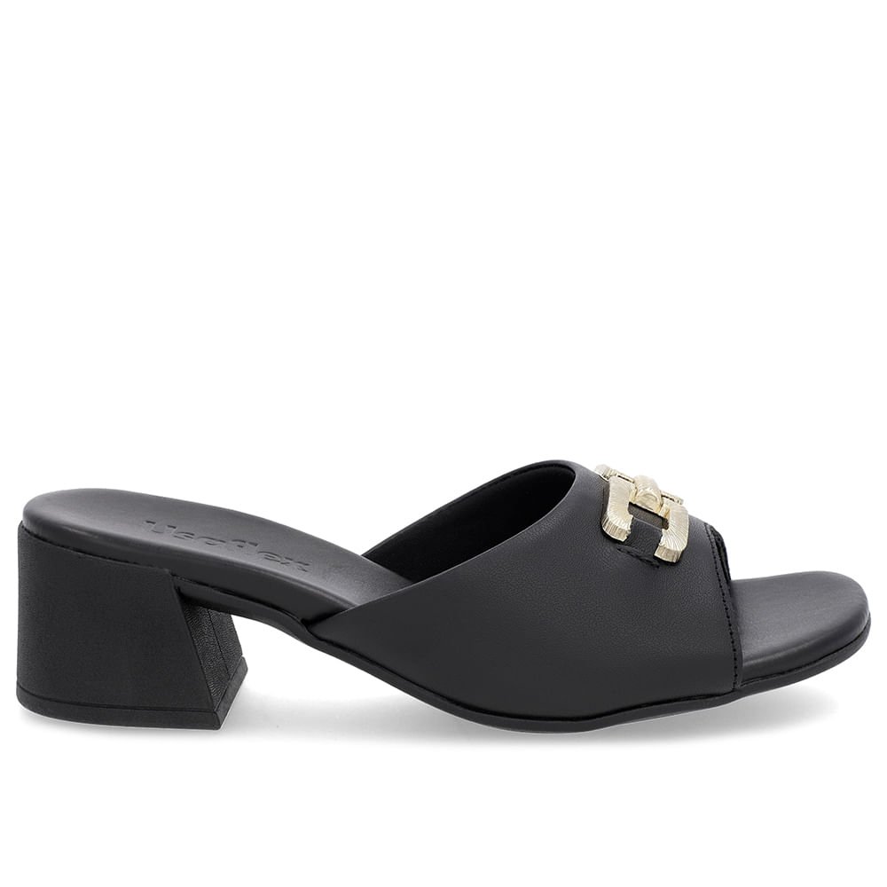 Tamanco Salto Bloco Couro Preto Enfeite