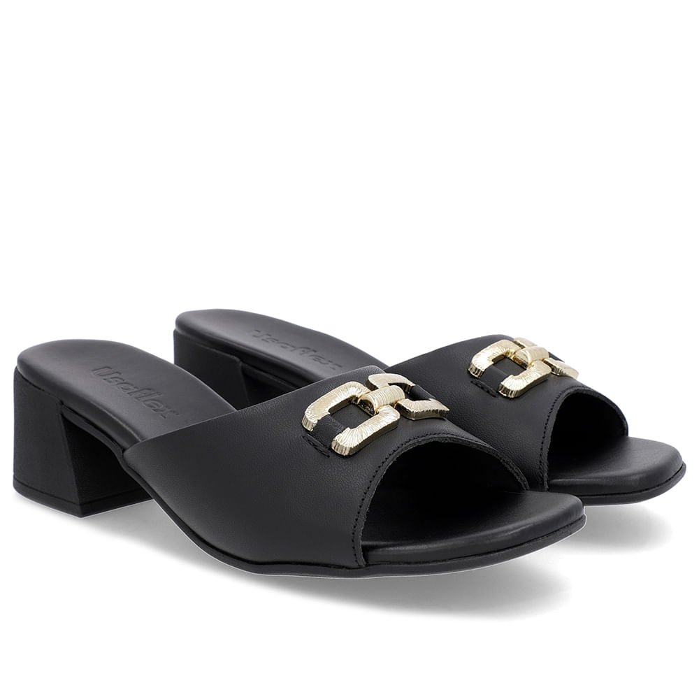 Tamanco Salto Bloco Couro Preto Enfeite Preto 2