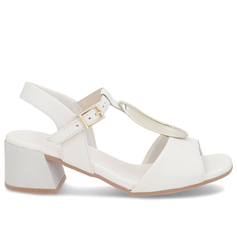 Sandália Salto Bloco Couro Off-White Bico Quadrado